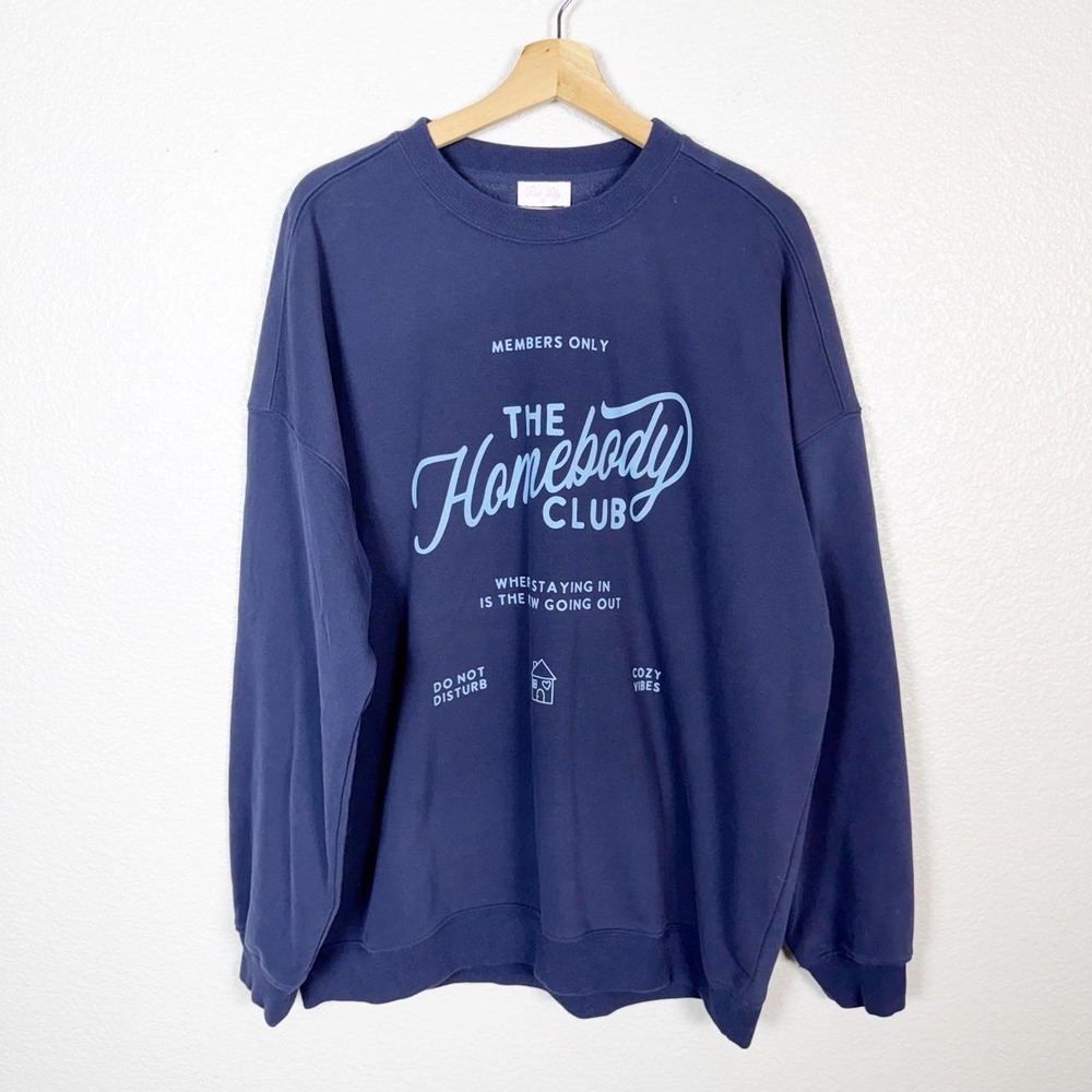 Pink Lily Homebody Graphic Crewneck Sweatshirt Size XL Navy Blue Cozy